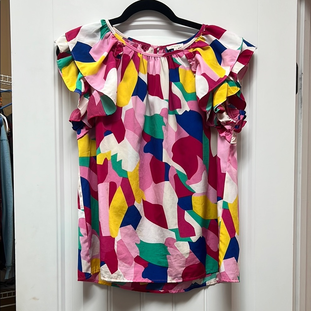 JODIFL Colorful Abstract Short Sleeve Top